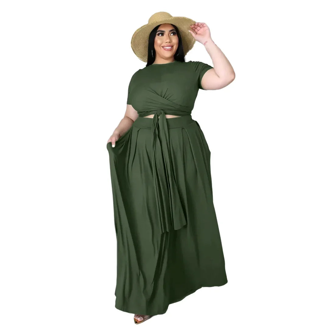 Plus Size Fashionable plus Size Women's Outfit Crossed Belted Skirt Two-Piece Set Solid Color Wide Hemline Stylish Ensemble