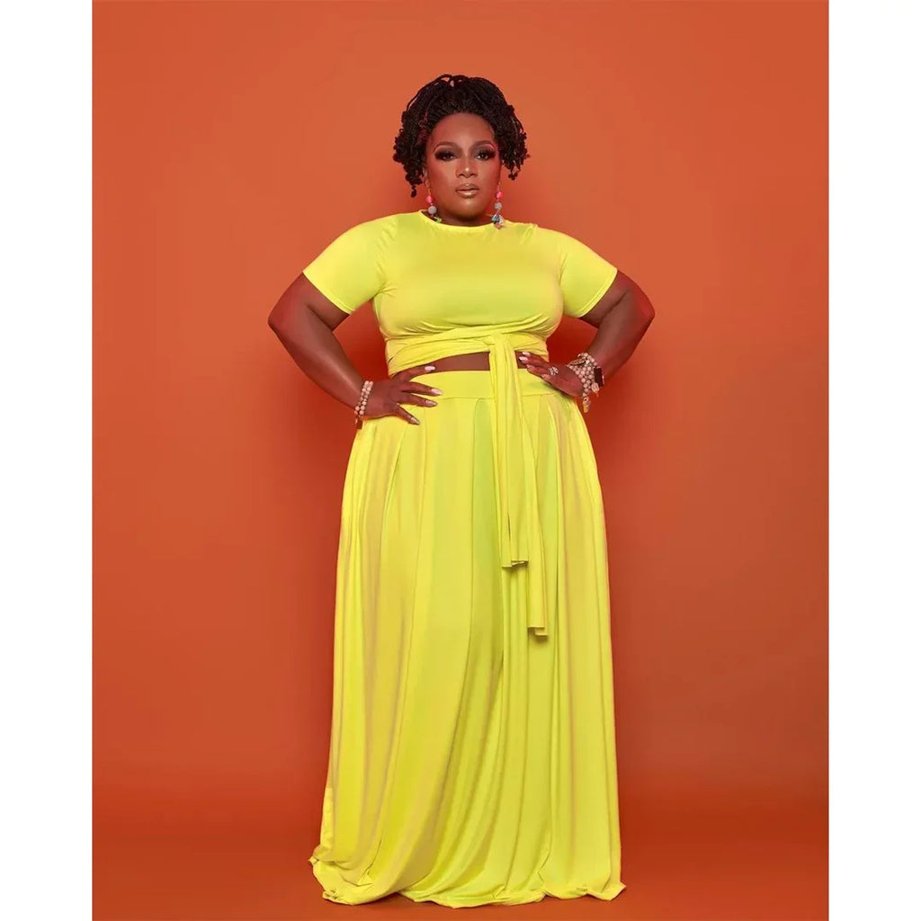 Plus Size Fashionable plus Size Women's Outfit Crossed Belted Skirt Two-Piece Set Solid Color Wide Hemline Stylish Ensemble