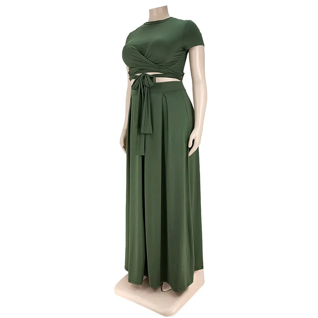 Plus Size Fashionable plus Size Women's Outfit Crossed Belted Skirt Two-Piece Set Solid Color Wide Hemline Stylish Ensemble