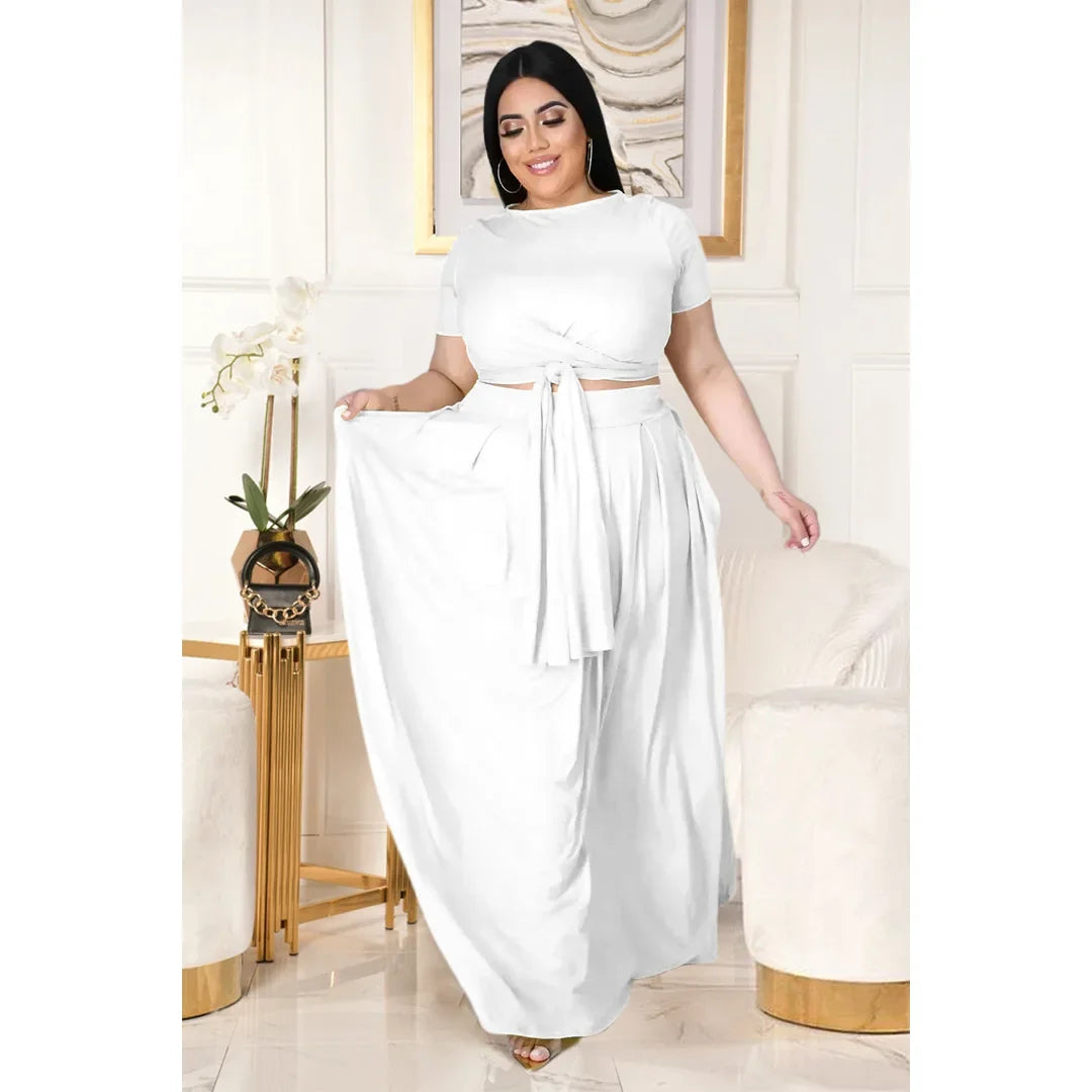 Plus Size Fashionable plus Size Women's Outfit Crossed Belted Skirt Two-Piece Set Solid Color Wide Hemline Stylish Ensemble