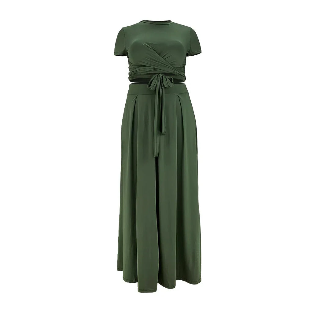 Plus Size Fashionable plus Size Women's Outfit Crossed Belted Skirt Two-Piece Set Solid Color Wide Hemline Stylish Ensemble