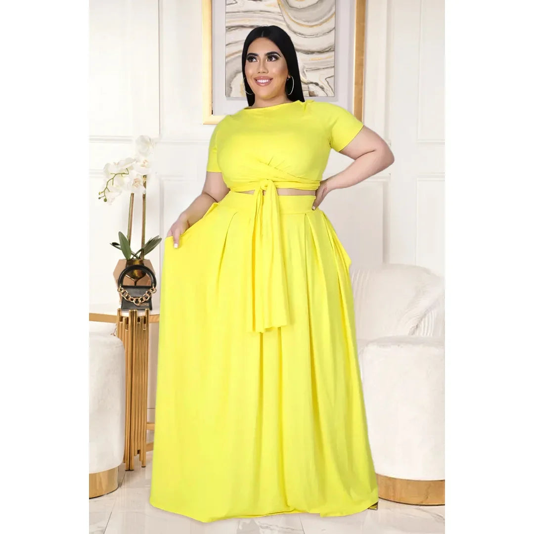Plus Size Fashionable plus Size Women's Outfit Crossed Belted Skirt Two-Piece Set Solid Color Wide Hemline Stylish Ensemble