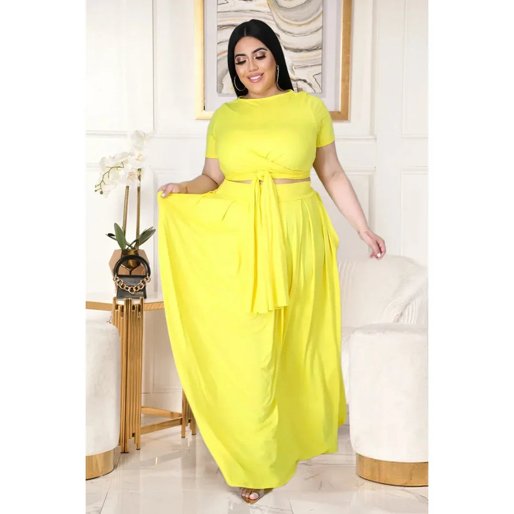 Plus Size Fashionable plus Size Women's Outfit Crossed Belted Skirt Two-Piece Set Solid Color Wide Hemline Stylish Ensemble