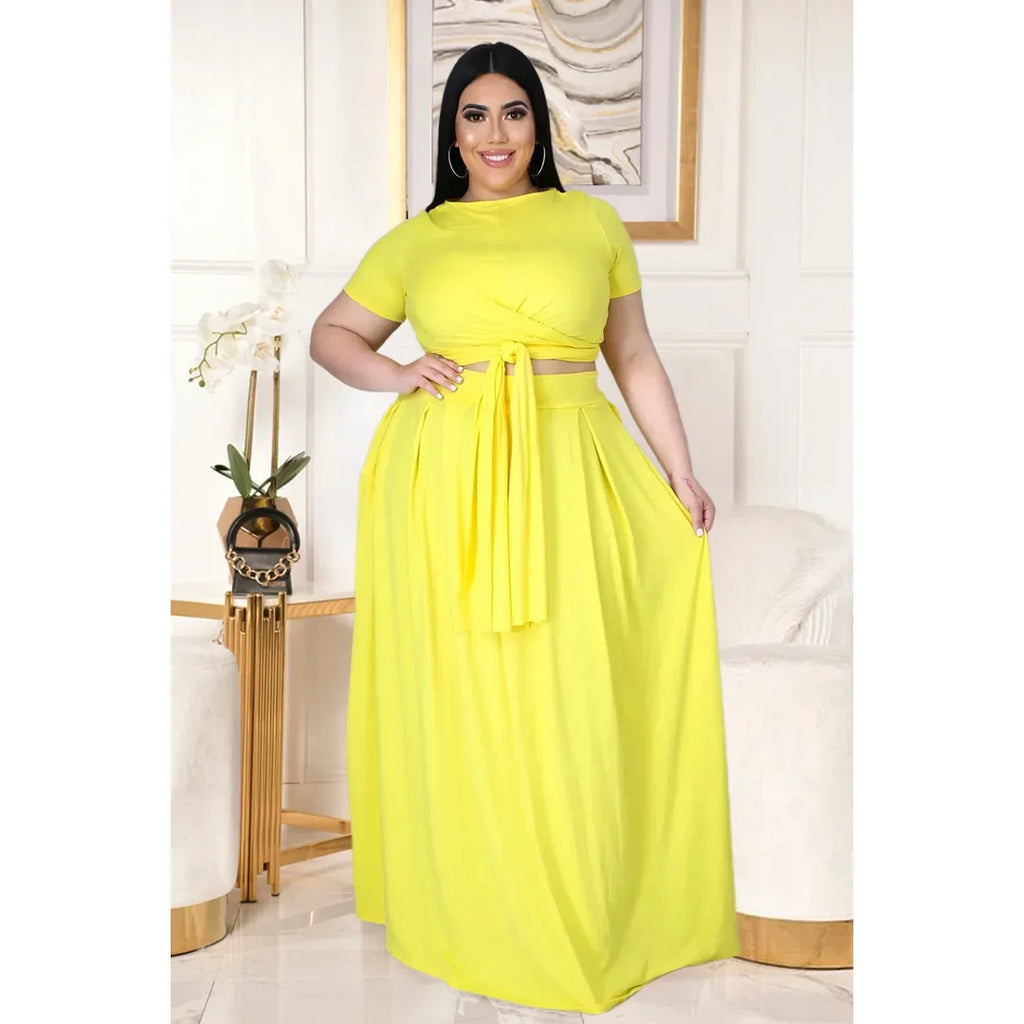 Plus Size Fashionable plus Size Women's Outfit Crossed Belted Skirt Two-Piece Set Solid Color Wide Hemline Stylish Ensemble