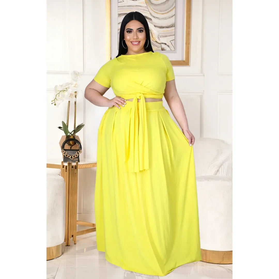 Plus Size Fashionable plus Size Women's Outfit Crossed Belted Skirt Two-Piece Set Solid Color Wide Hemline Stylish Ensemble