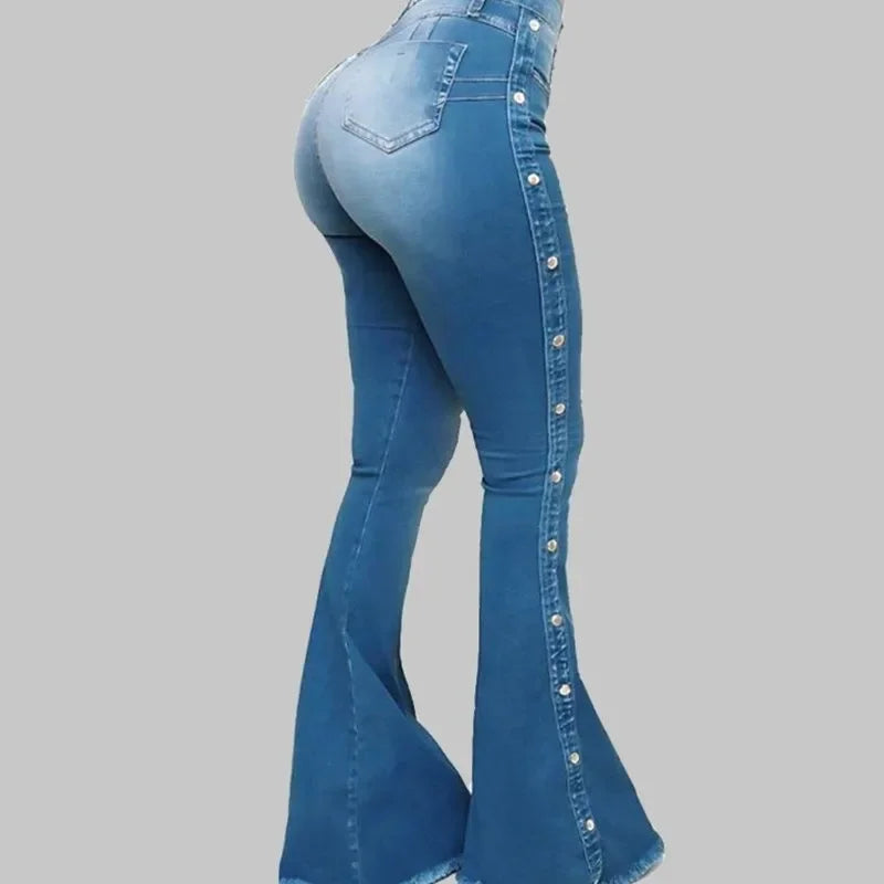 Women High Waist Stretch Denim Flare Pants