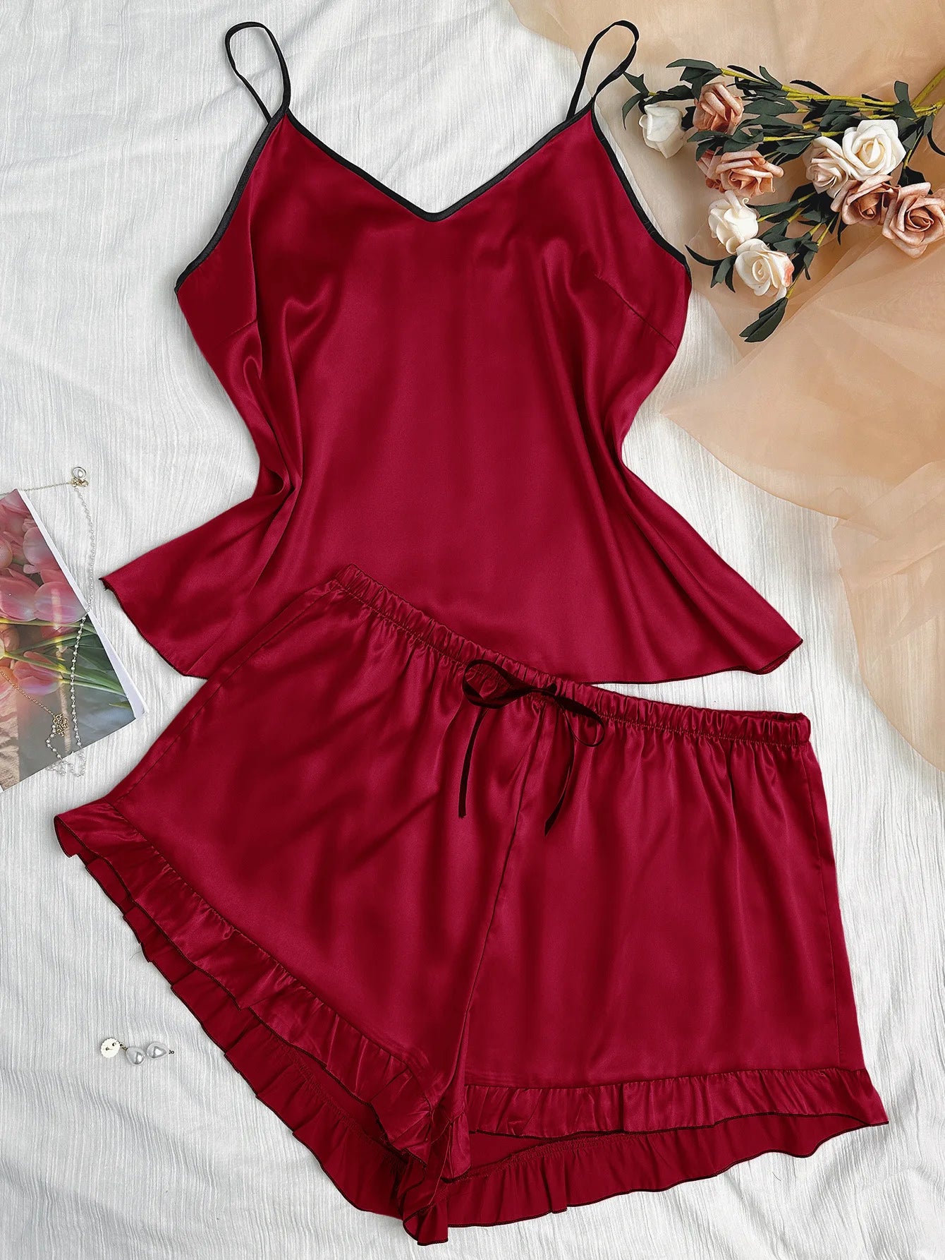 Plus Size High Waist Satin Pajama Set