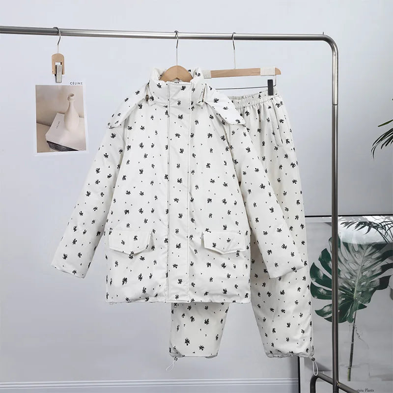 Chic Striped Hooded Puffer Coat Set