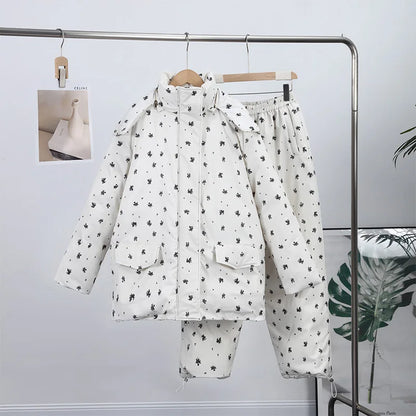 Chic Striped Hooded Puffer Coat Set