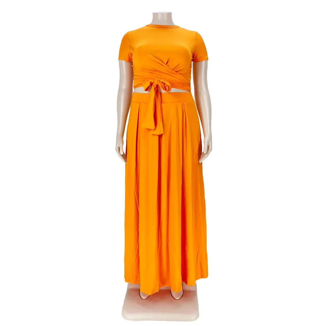 Plus Size Fashionable plus Size Women's Outfit Crossed Belted Skirt Two-Piece Set Solid Color Wide Hemline Stylish Ensemble