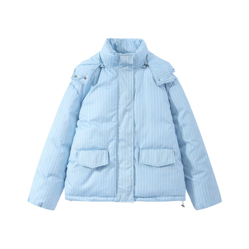 Chic Striped Hooded Puffer Coat Set