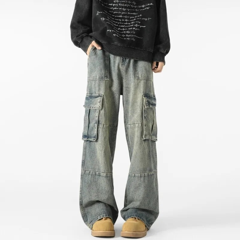 Men's Loose Fit Straight Wide Leg Cargo Jeans