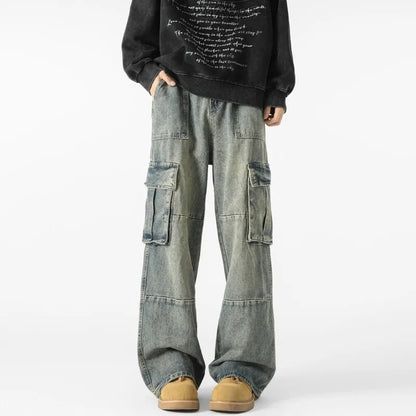 Men's Loose Fit Straight Wide Leg Cargo Jeans