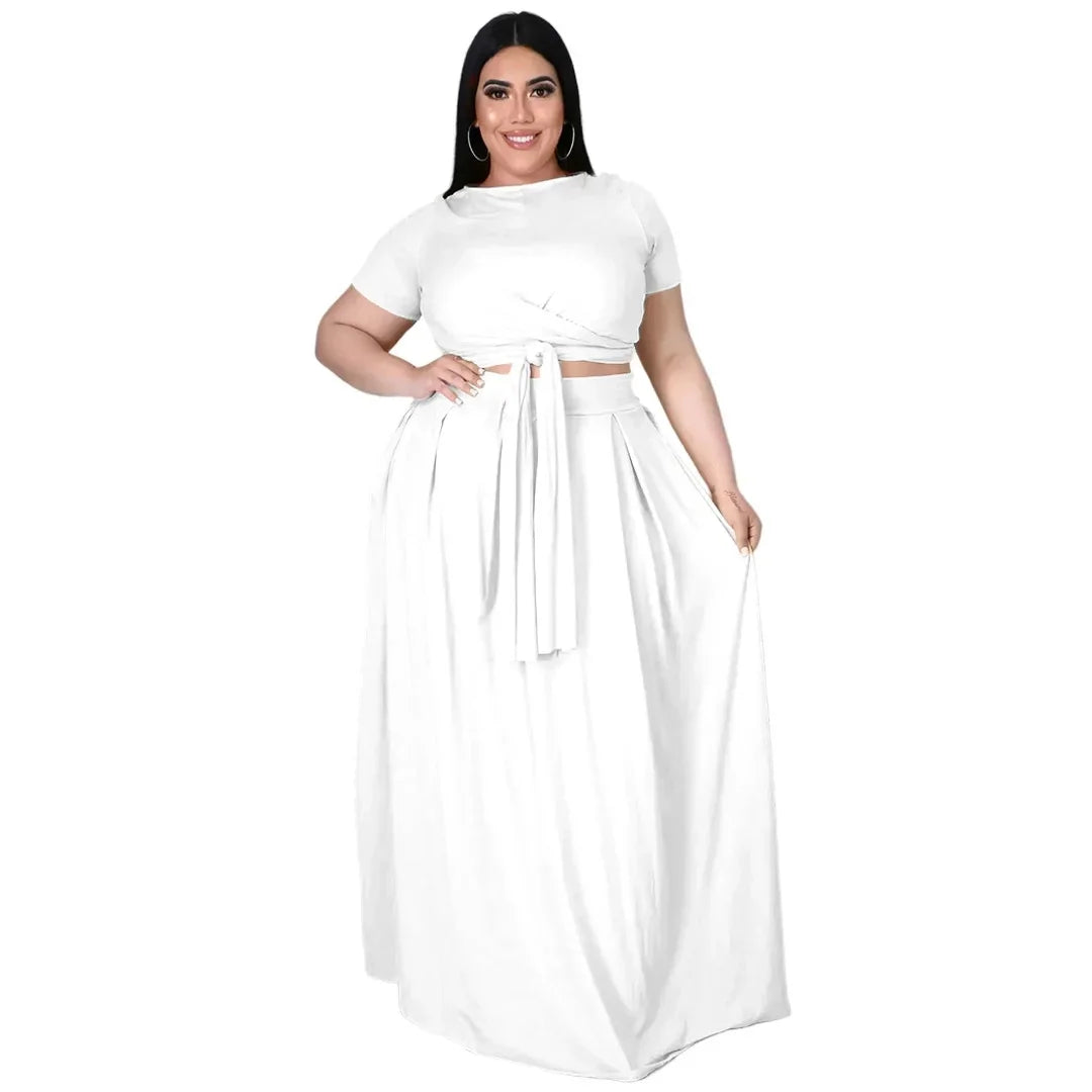 Plus Size Fashionable plus Size Women's Outfit Crossed Belted Skirt Two-Piece Set Solid Color Wide Hemline Stylish Ensemble