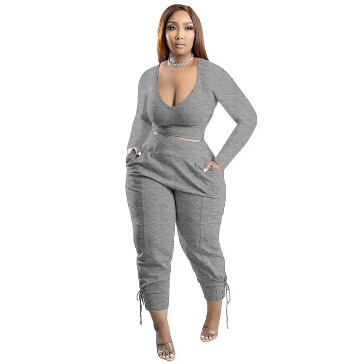 Plus Size Sexy Loose Fit Casual Two-Piece Set for plus Size Women V-Neck Pure Color Pantsuit Fashionable And Comfortable Ense...
