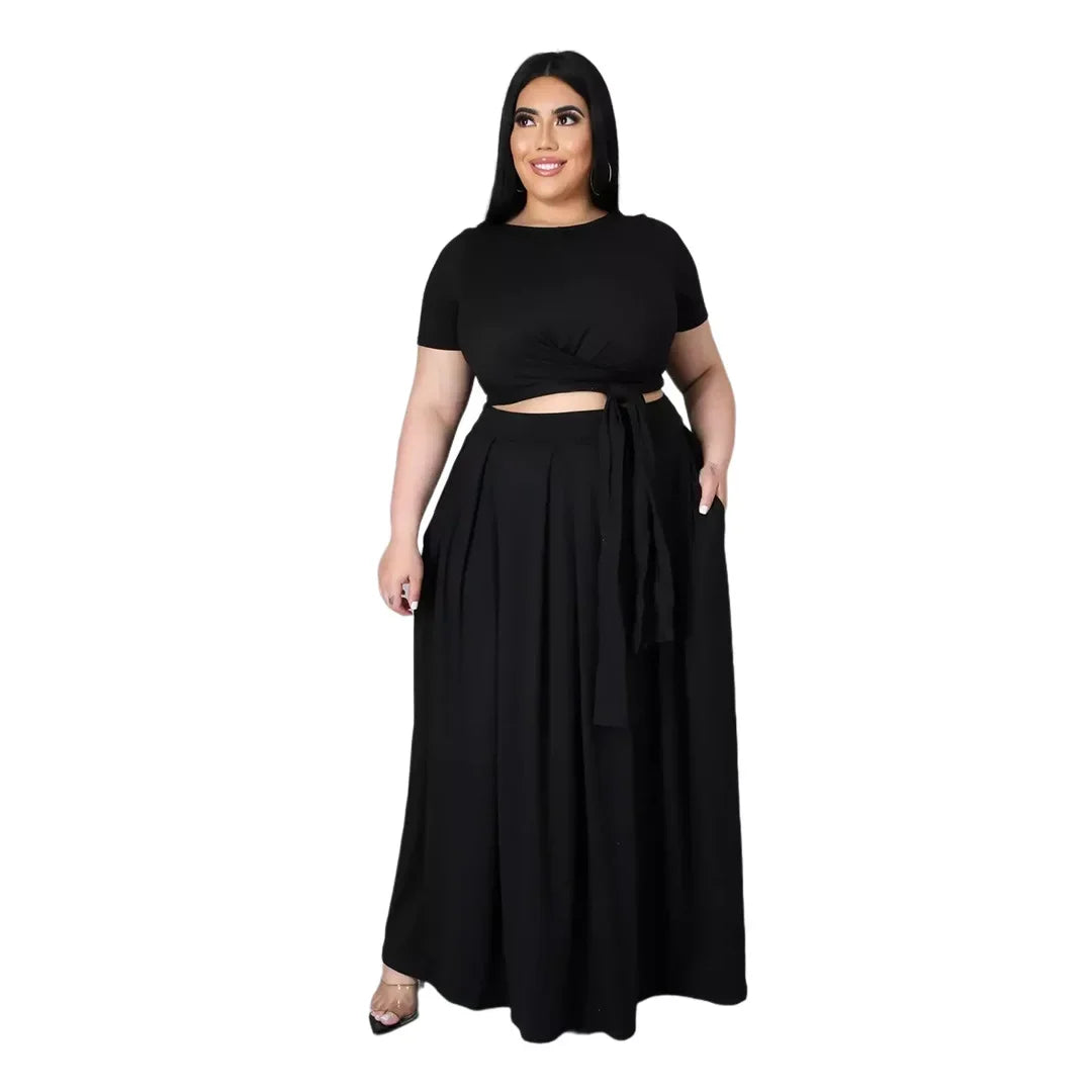 Plus Size Fashionable plus Size Women's Outfit Crossed Belted Skirt Two-Piece Set Solid Color Wide Hemline Stylish Ensemble