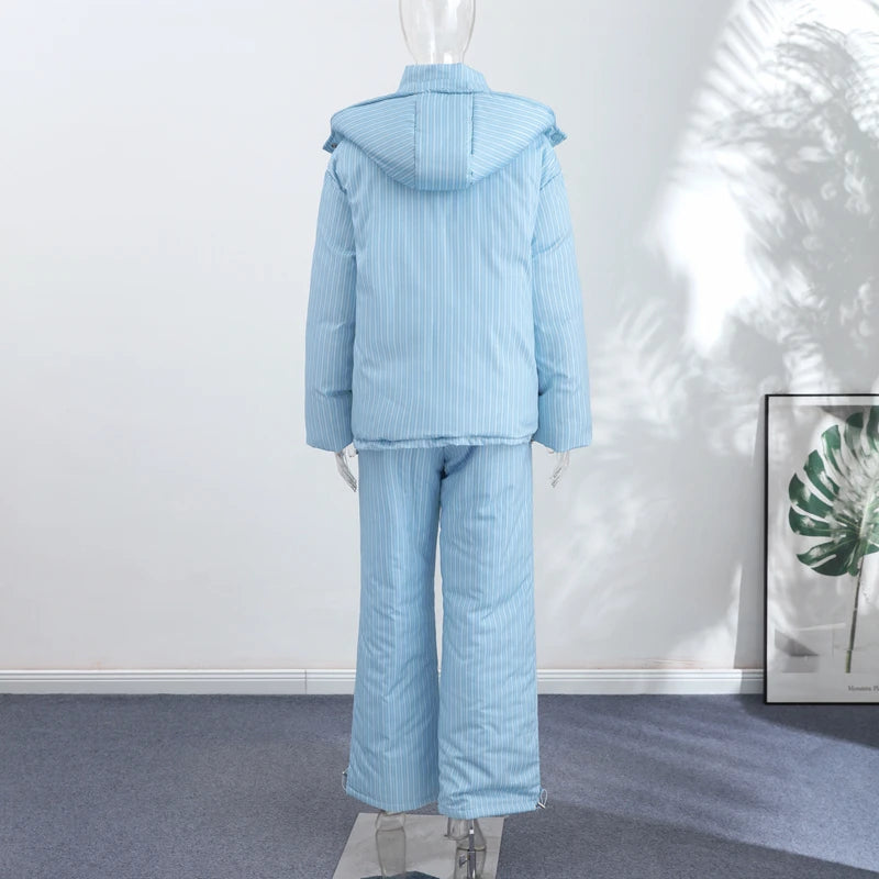 Chic Striped Hooded Puffer Coat Set