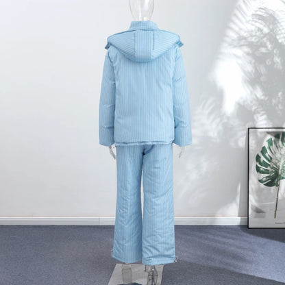 Chic Striped Hooded Puffer Coat Set
