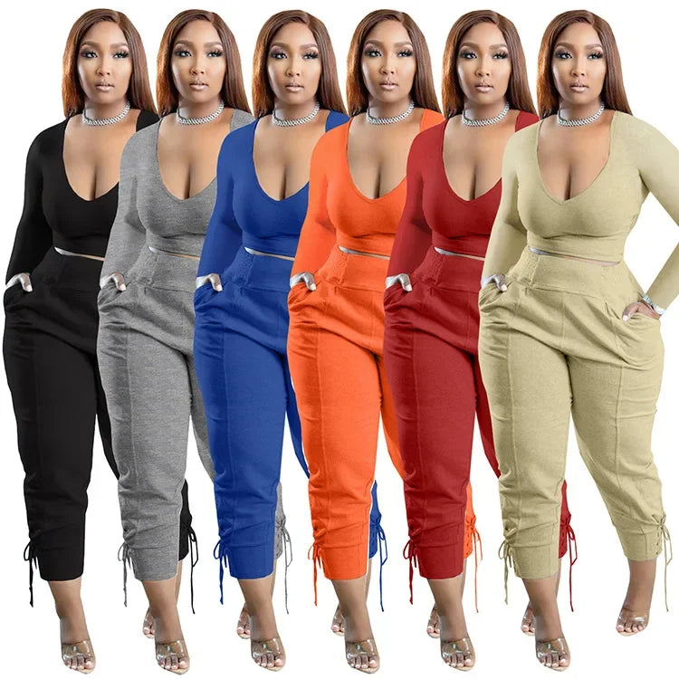 Plus Size Sexy Loose Fit Casual Two-Piece Set for plus Size Women V-Neck Pure Color Pantsuit Fashionable And Comfortable Ense...