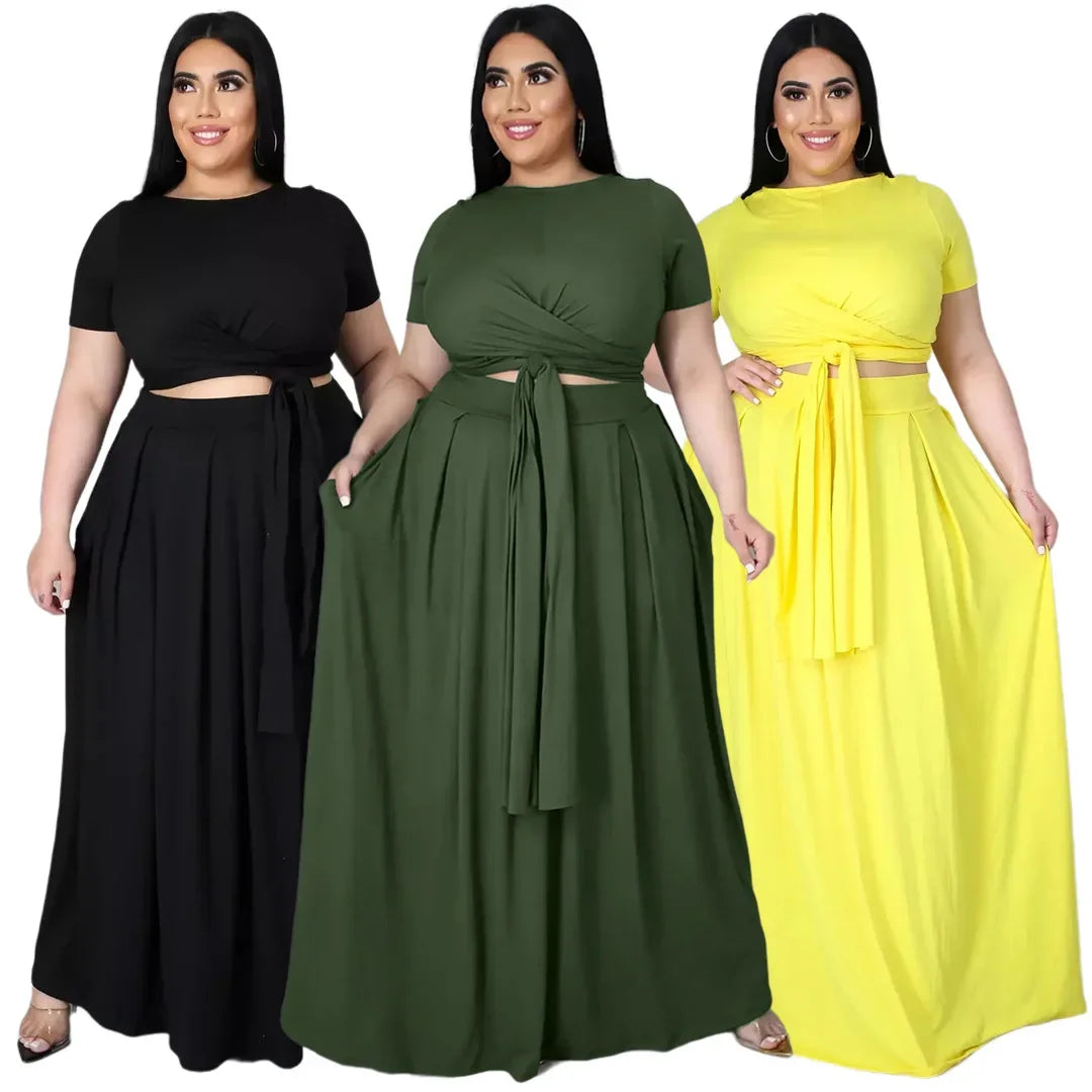 Plus Size Fashionable plus Size Women's Outfit Crossed Belted Skirt Two-Piece Set Solid Color Wide Hemline Stylish Ensemble
