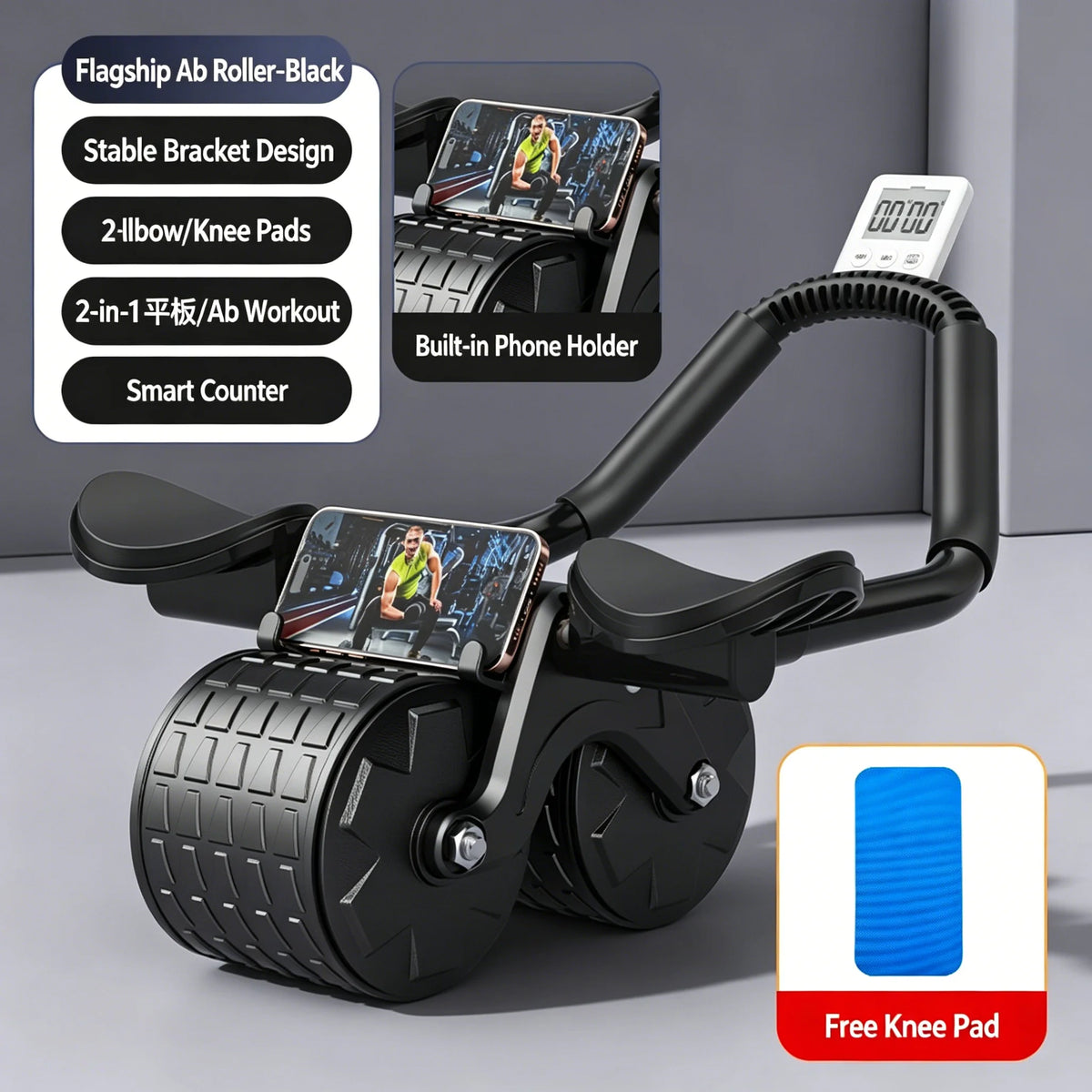 New Ab Roller Wheel with Knee Mat & Timer Automatic with Elbow Support
