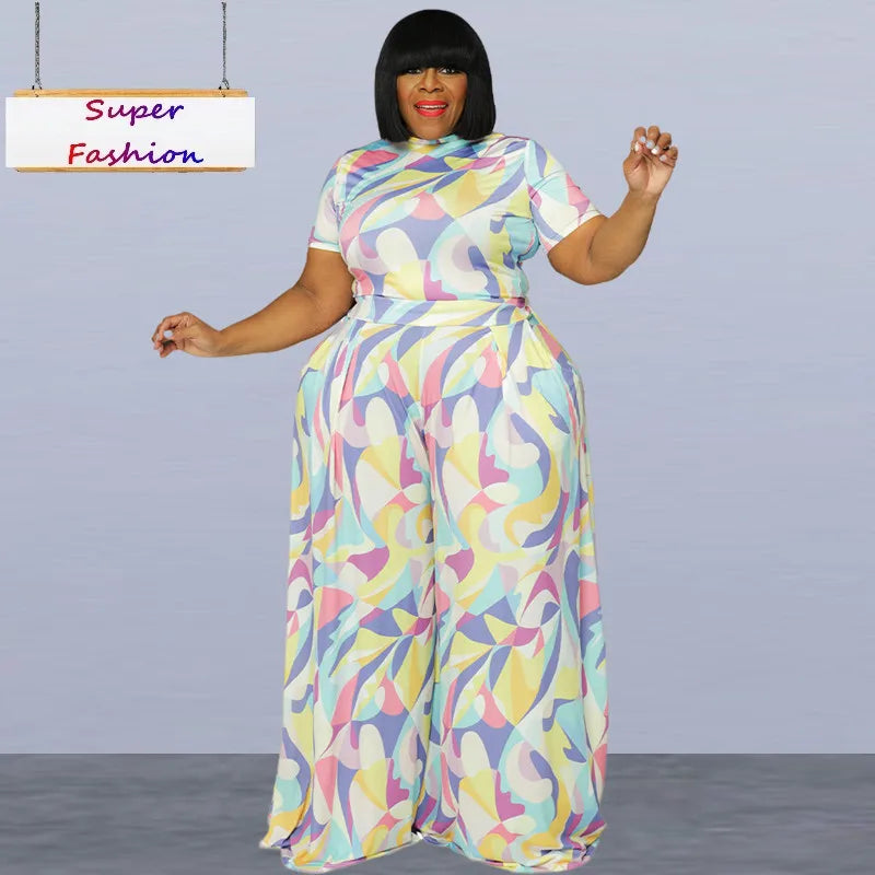 XL-4XL Plus Size Pant Suits 2022 Summer Women Clothing Printing Straps Short Sleeve Crew Neck Casual Two Piece Sets Wholesale