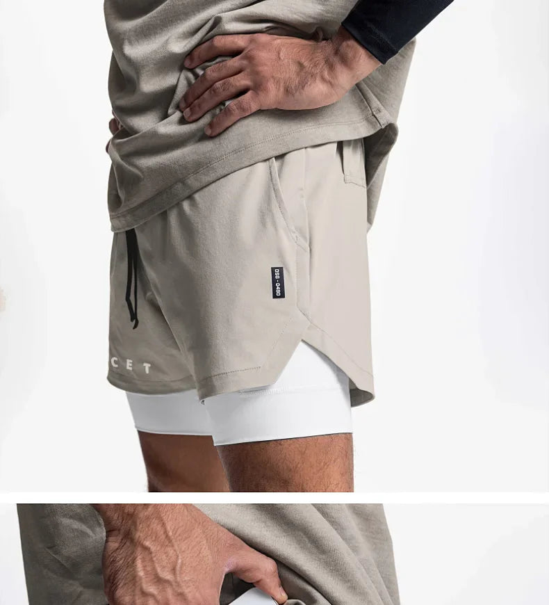 Mens Gyms Fitness 2 in 1 Quick Dry Shorts Summer Running Bodybuilding Jogging Casual Short Pants Workout Male Basketball Bottoms