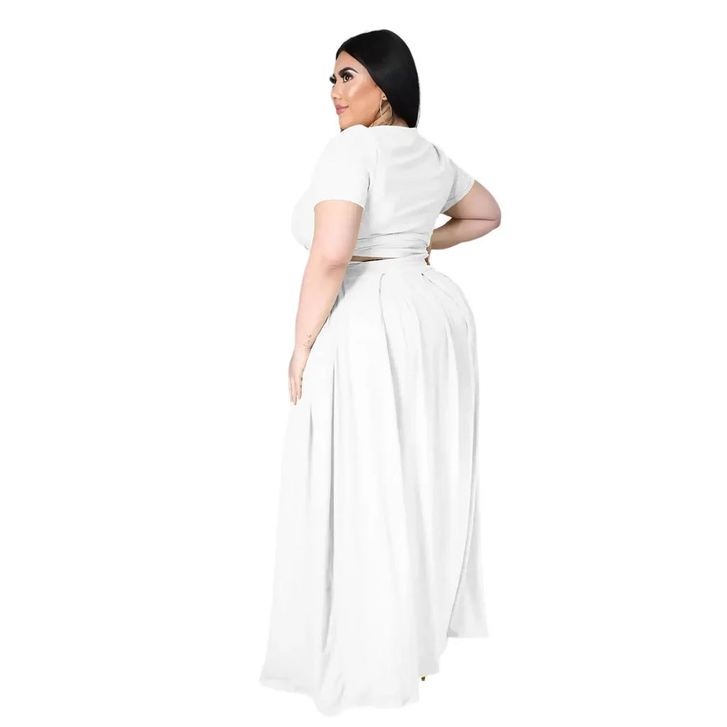 Plus Size Fashionable plus Size Women's Outfit Crossed Belted Skirt Two-Piece Set Solid Color Wide Hemline Stylish Ensemble
