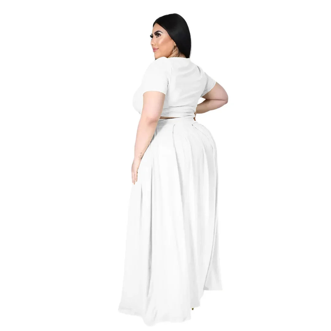 Plus Size Fashionable plus Size Women's Outfit Crossed Belted Skirt Two-Piece Set Solid Color Wide Hemline Stylish Ensemble