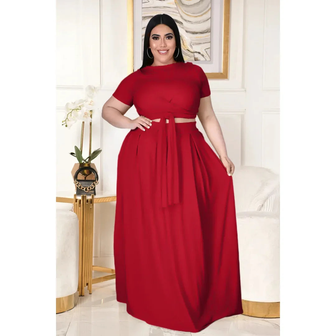 Plus Size Fashionable plus Size Women's Outfit Crossed Belted Skirt Two-Piece Set Solid Color Wide Hemline Stylish Ensemble