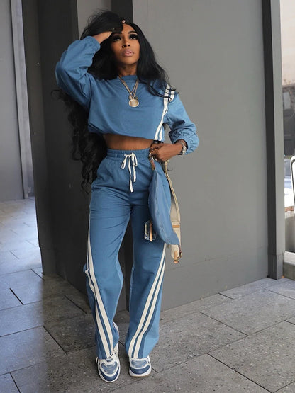 Stripe Full Sleeve Sweatshirt and Drawstring Long Pants 2 Piece Sets