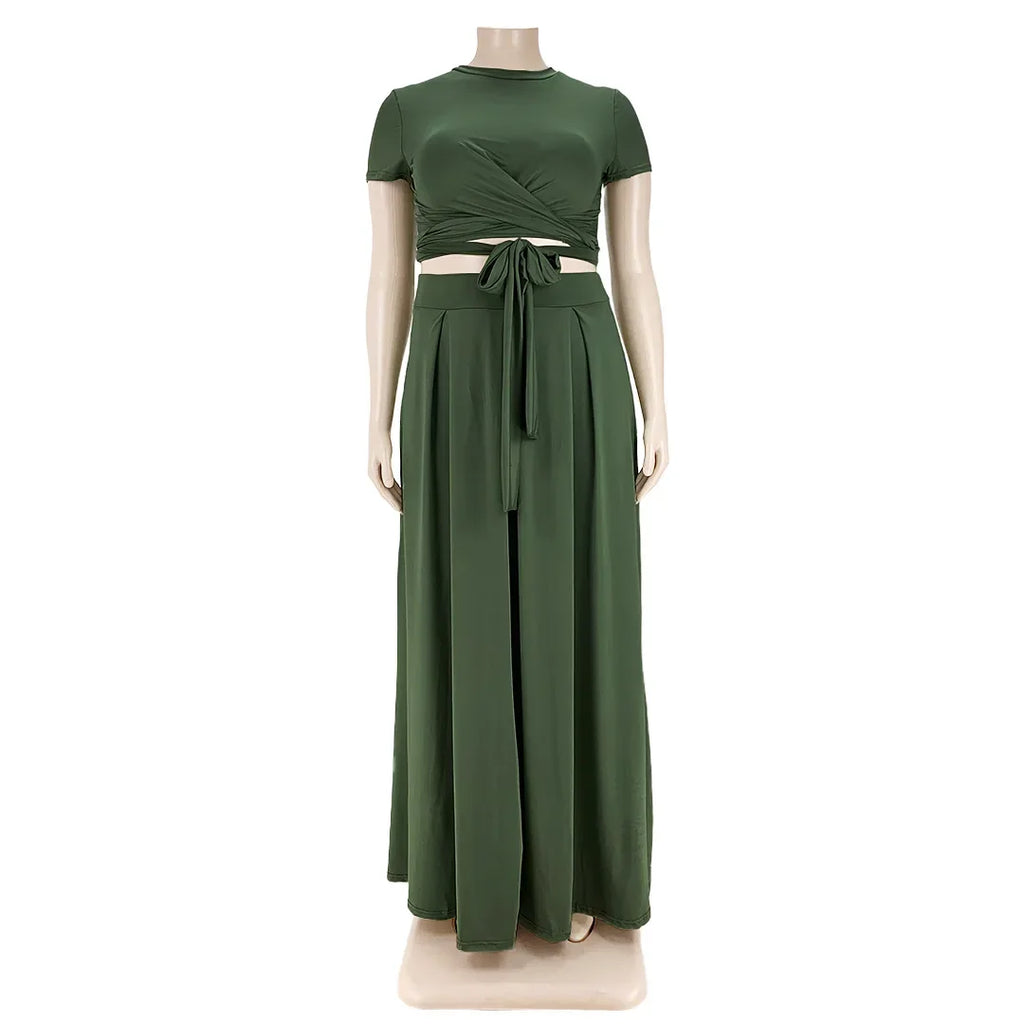 Plus Size Fashionable plus Size Women's Outfit Crossed Belted Skirt Two-Piece Set Solid Color Wide Hemline Stylish Ensemble