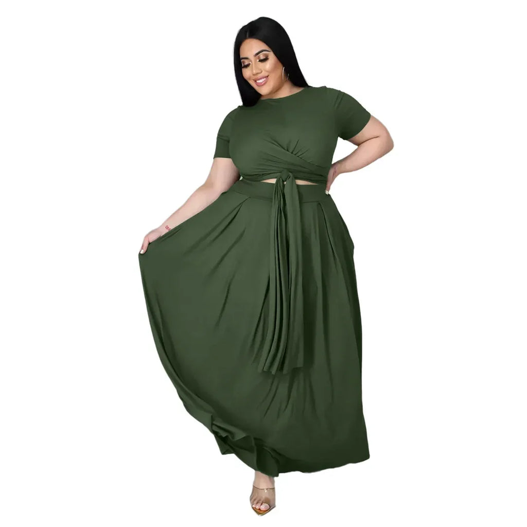 Plus Size Fashionable plus Size Women's Outfit Crossed Belted Skirt Two-Piece Set Solid Color Wide Hemline Stylish Ensemble
