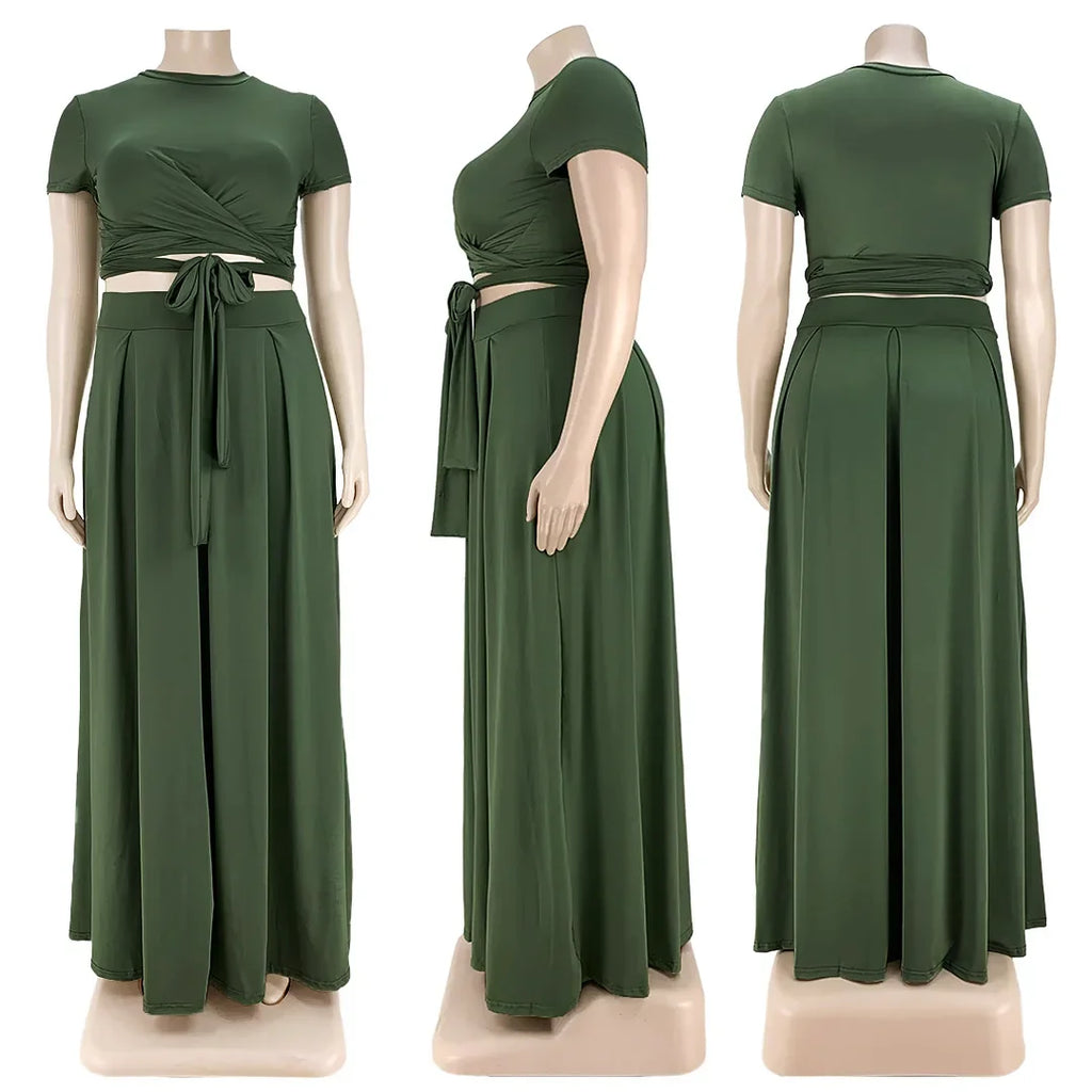 Plus Size Fashionable plus Size Women's Outfit Crossed Belted Skirt Two-Piece Set Solid Color Wide Hemline Stylish Ensemble