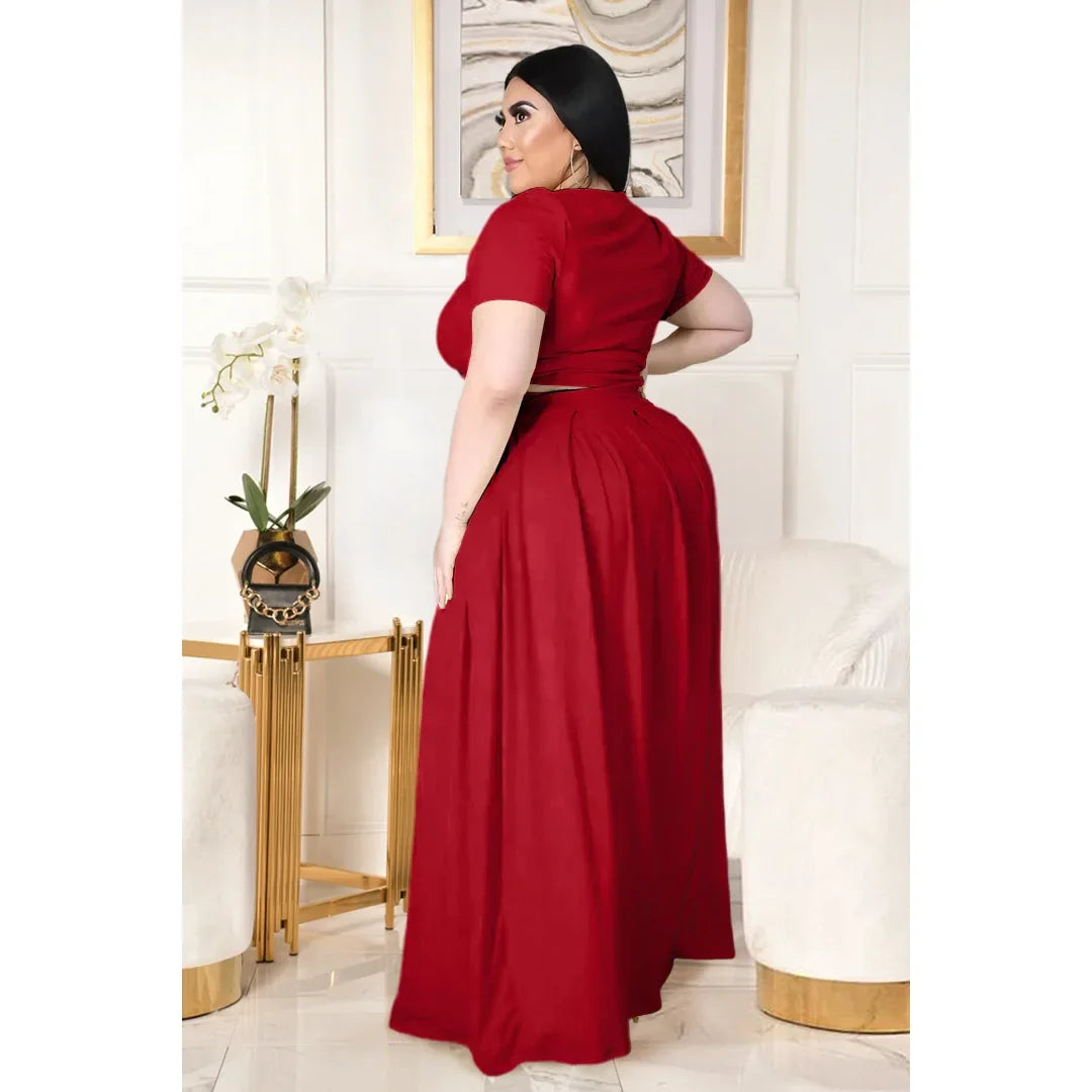 Plus Size Fashionable plus Size Women's Outfit Crossed Belted Skirt Two-Piece Set Solid Color Wide Hemline Stylish Ensemble
