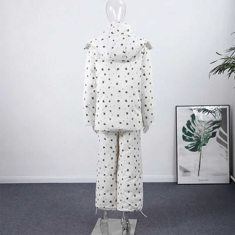 Chic Striped Hooded Puffer Coat Set