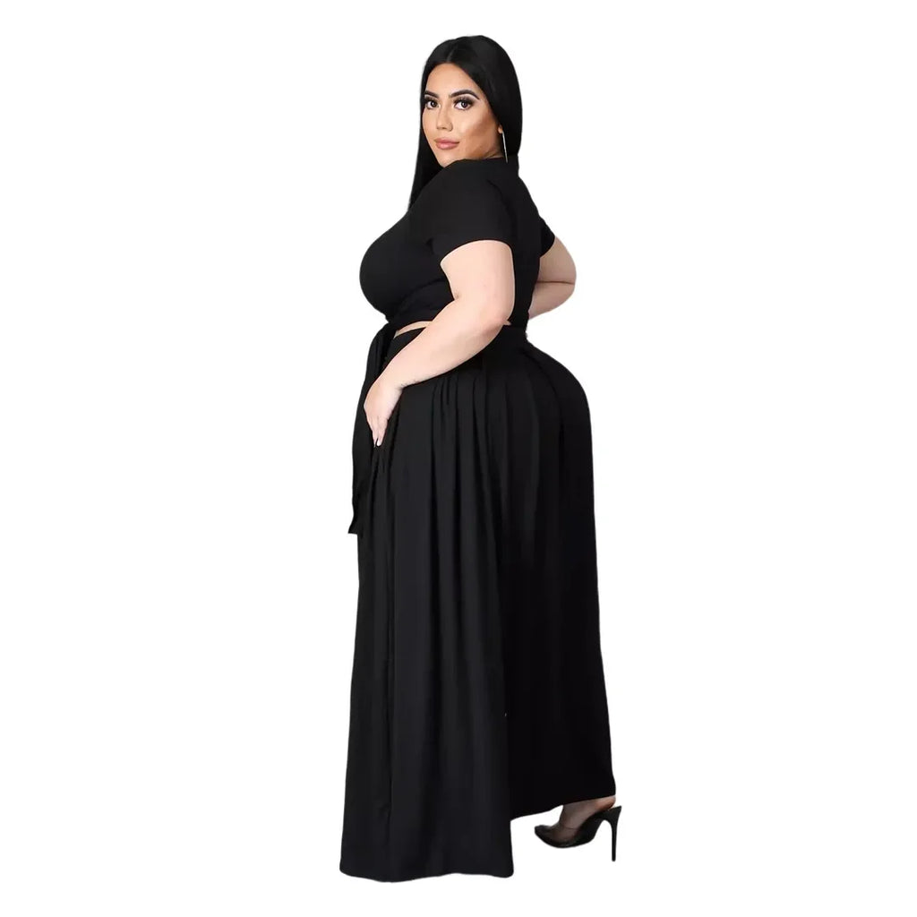 Plus Size Fashionable plus Size Women's Outfit Crossed Belted Skirt Two-Piece Set Solid Color Wide Hemline Stylish Ensemble
