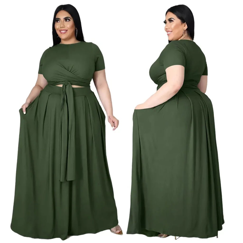 Plus Size Fashionable plus Size Women's Outfit Crossed Belted Skirt Two-Piece Set Solid Color Wide Hemline Stylish Ensemble