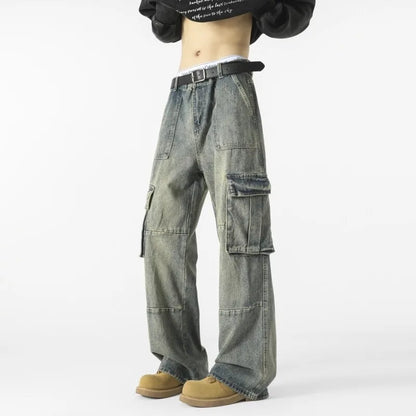 Men's Loose Fit Straight Wide Leg Cargo Jeans