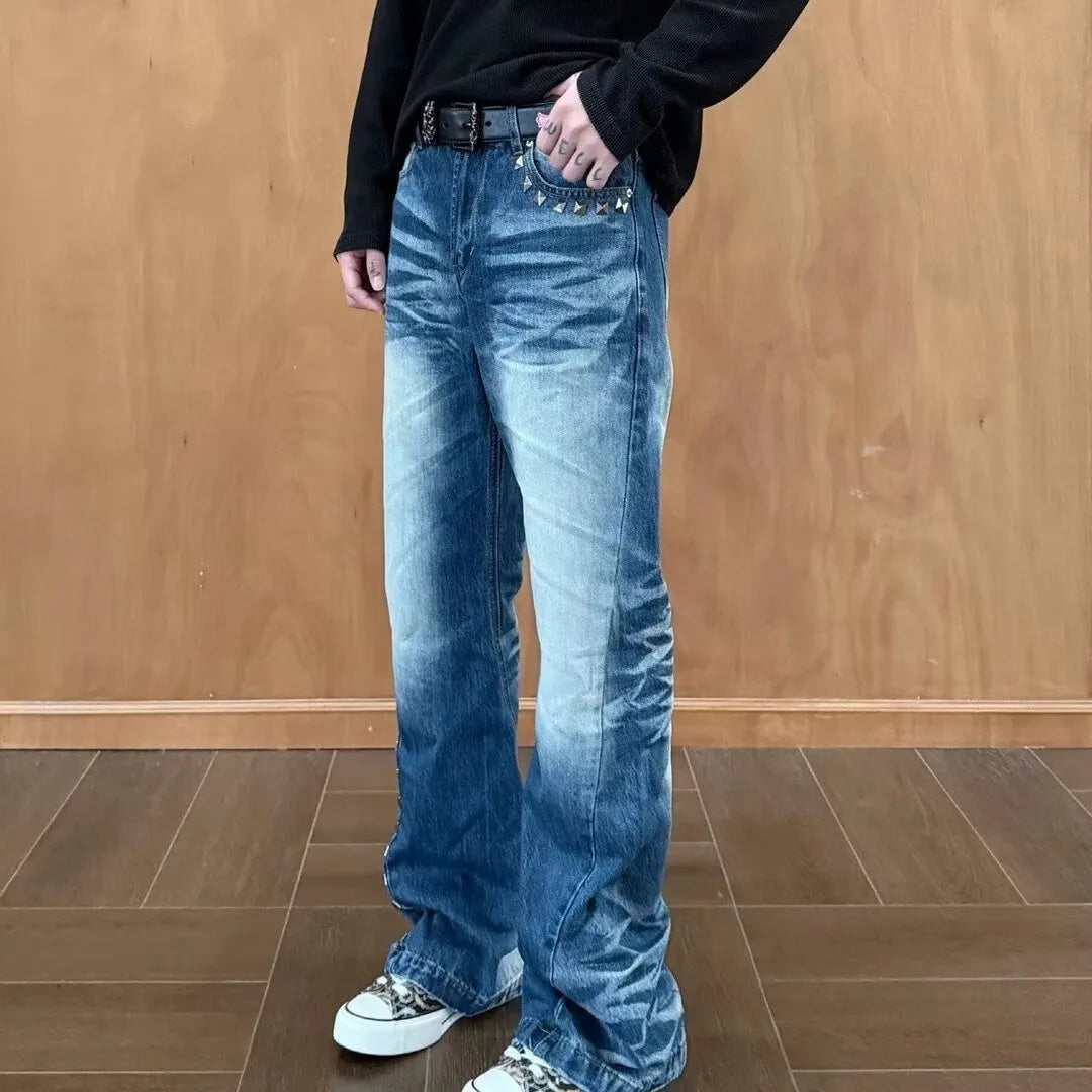 Vintage Washed Rivet Denim Jeans
