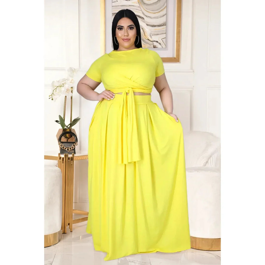 Plus Size Fashionable plus Size Women's Outfit Crossed Belted Skirt Two-Piece Set Solid Color Wide Hemline Stylish Ensemble