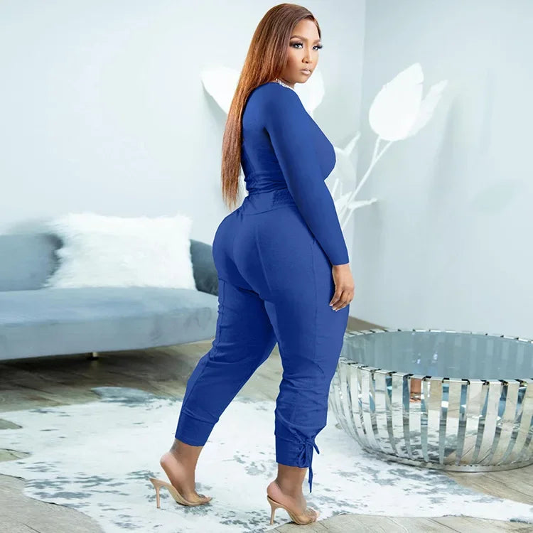 Plus Size Sexy Loose Fit Casual Two-Piece Set for plus Size Women V-Neck Pure Color Pantsuit Fashionable And Comfortable Ense...