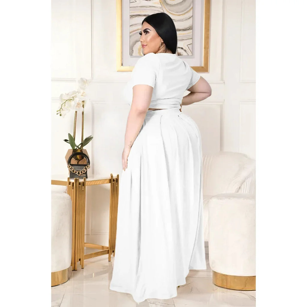 Plus Size Fashionable plus Size Women's Outfit Crossed Belted Skirt Two-Piece Set Solid Color Wide Hemline Stylish Ensemble