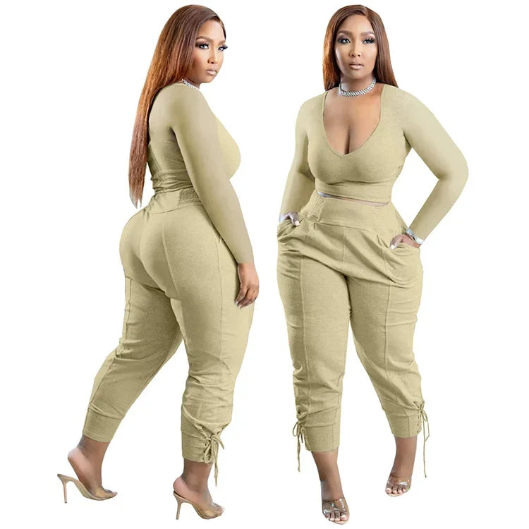 Plus Size Sexy Loose Fit Casual Two-Piece Set for plus Size Women V-Neck Pure Color Pantsuit Fashionable And Comfortable Ense...