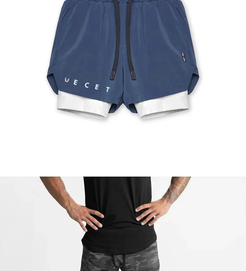 Mens Gyms Fitness 2 in 1 Quick Dry Shorts Summer Running Bodybuilding Jogging Casual Short Pants Workout Male Basketball Bottoms
