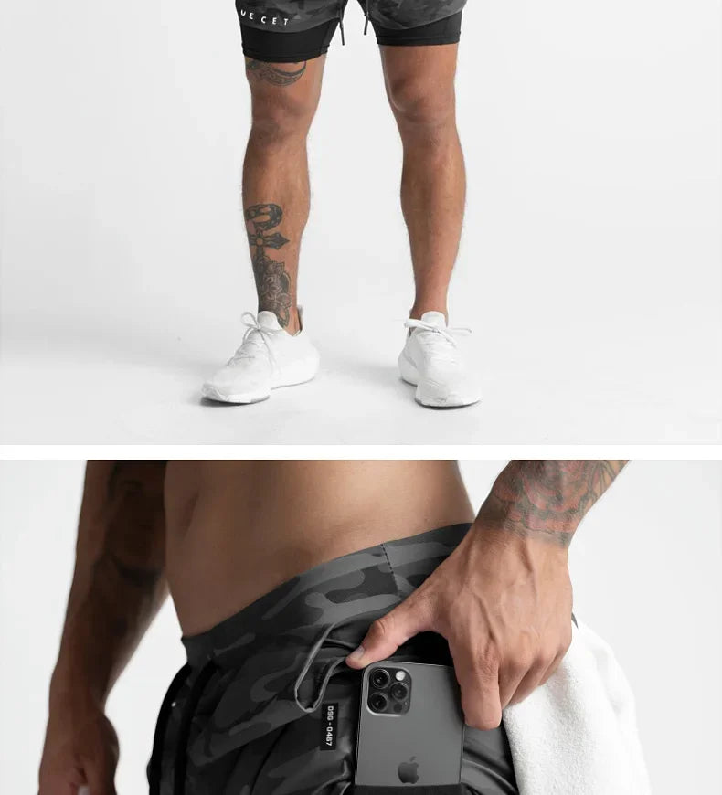 Mens Gyms Fitness 2 in 1 Quick Dry Shorts Summer Running Bodybuilding Jogging Casual Short Pants Workout Male Basketball Bottoms
