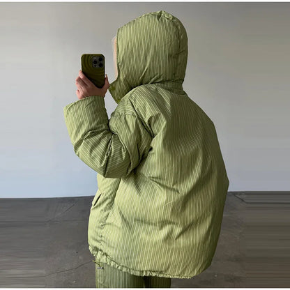 Chic Striped Hooded Puffer Coat Set