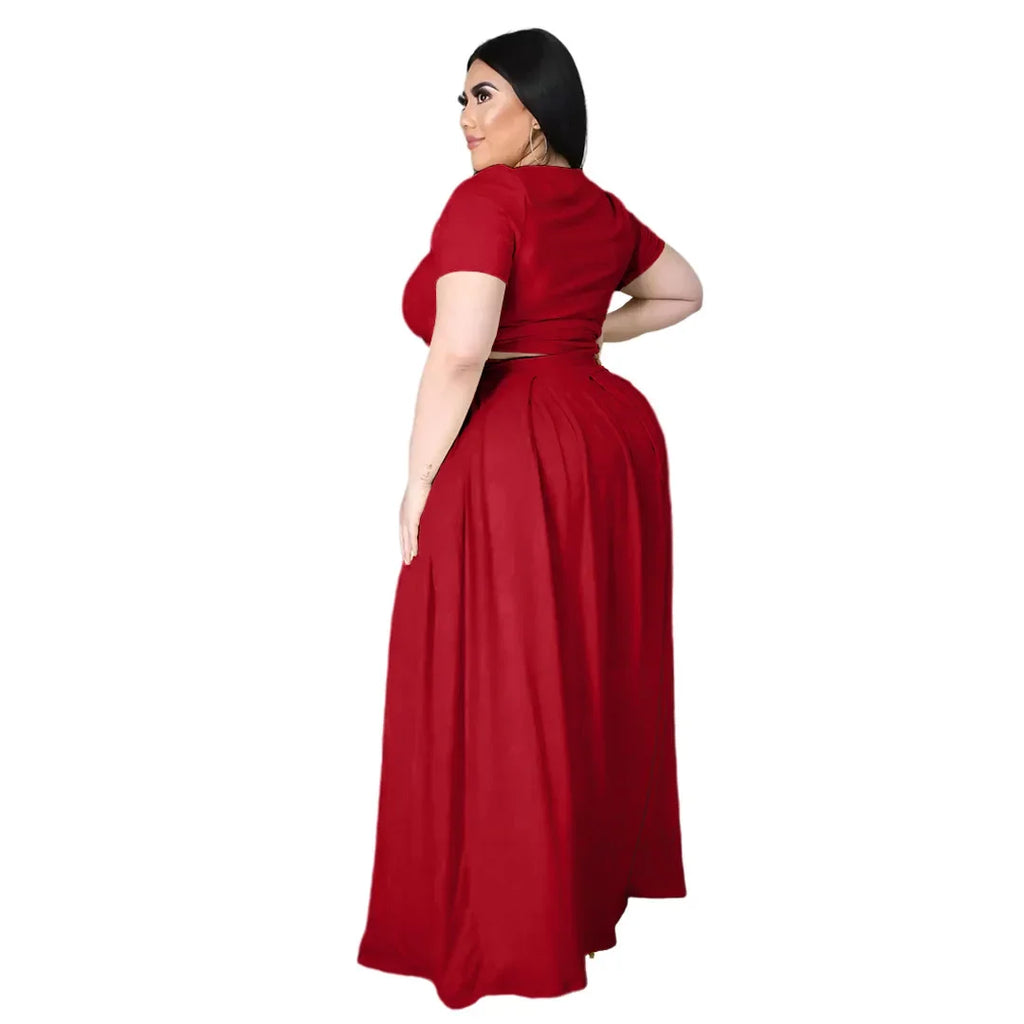 Plus Size Fashionable plus Size Women's Outfit Crossed Belted Skirt Two-Piece Set Solid Color Wide Hemline Stylish Ensemble