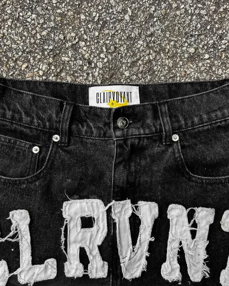 Beaded Letter Embroidery Oversized Denim Shorts