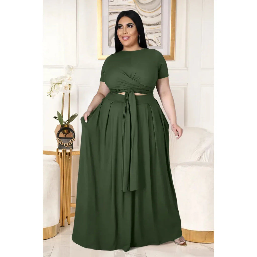 Plus Size Fashionable plus Size Women's Outfit Crossed Belted Skirt Two-Piece Set Solid Color Wide Hemline Stylish Ensemble